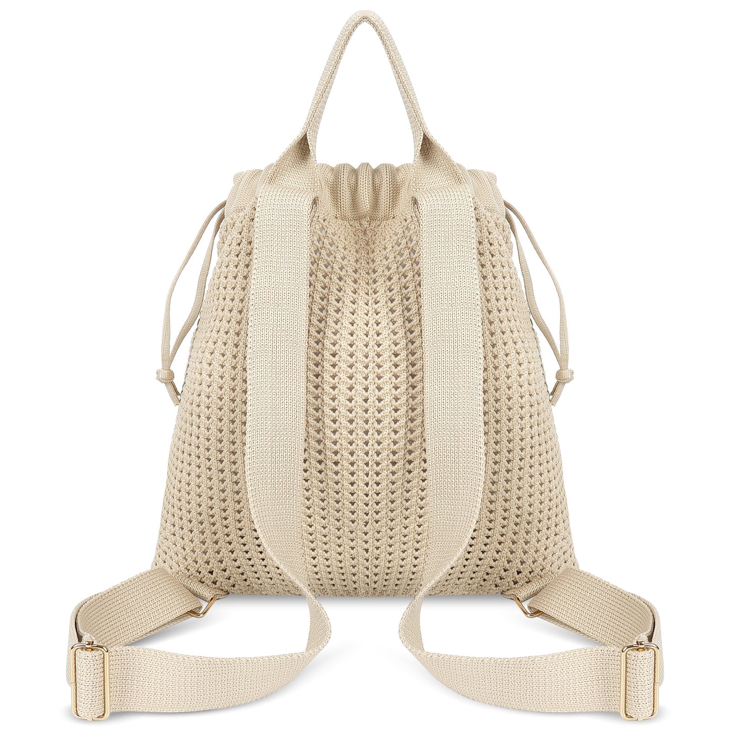 Khaki Bohemian Crochet Knit Drawstring Backpack - Hand-Woven Versatile Tote & Shoulder Bag for Vacation, Travel, and Daily Use