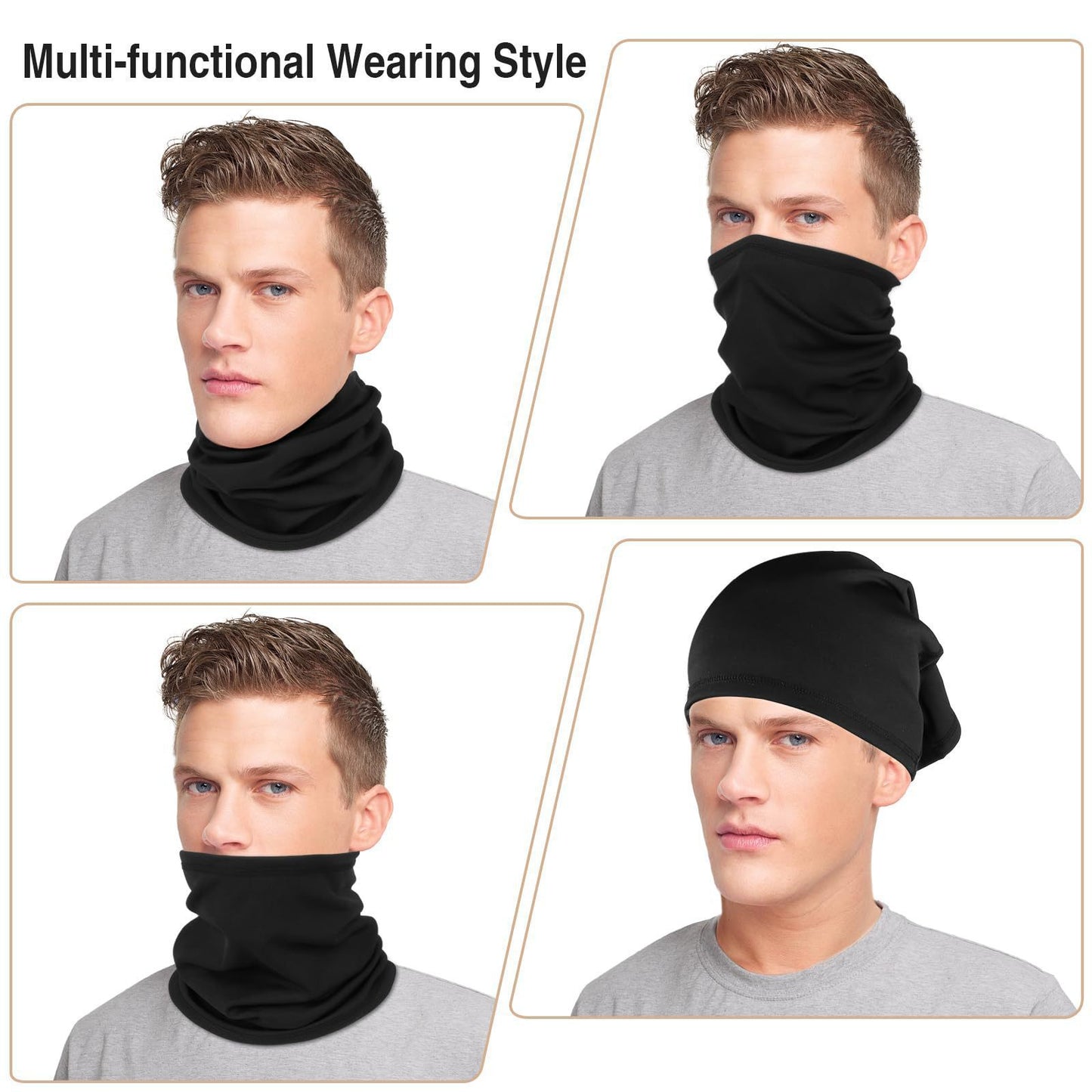 Black and gray Multi-Functional Thermal Neck Gaiter – Windproof, Stretchable Face & Head Cover for Skiing, Cycling, Hiking and Outdoor Activities