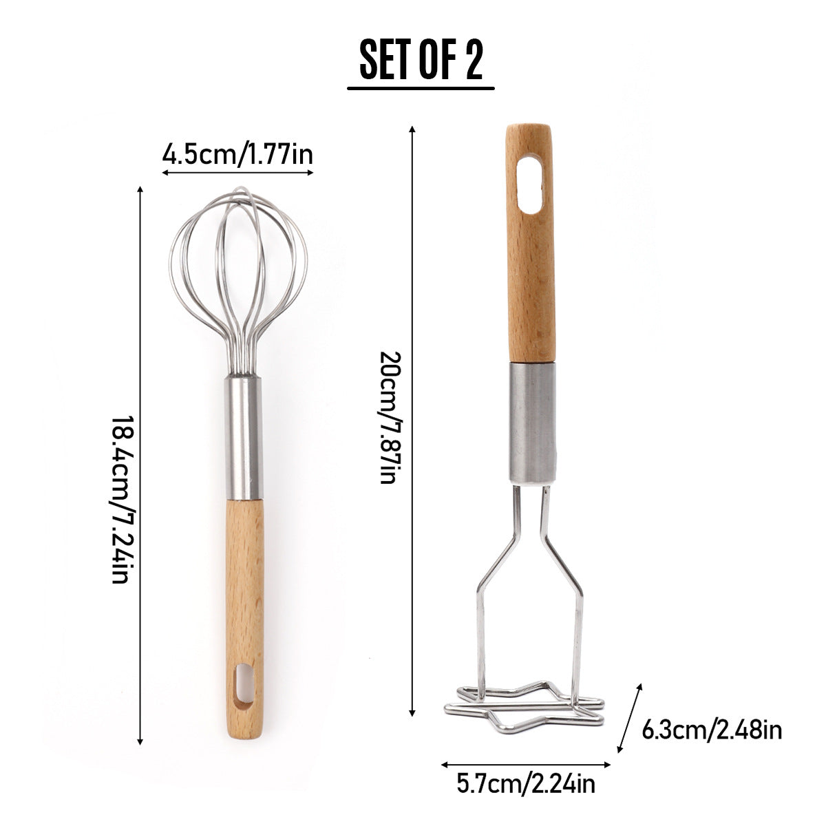 2-Piece Kitchen Tool Set: Mini Whisk + Star-Shaped Potato Masher – Compact for Egg Beating & Mashing