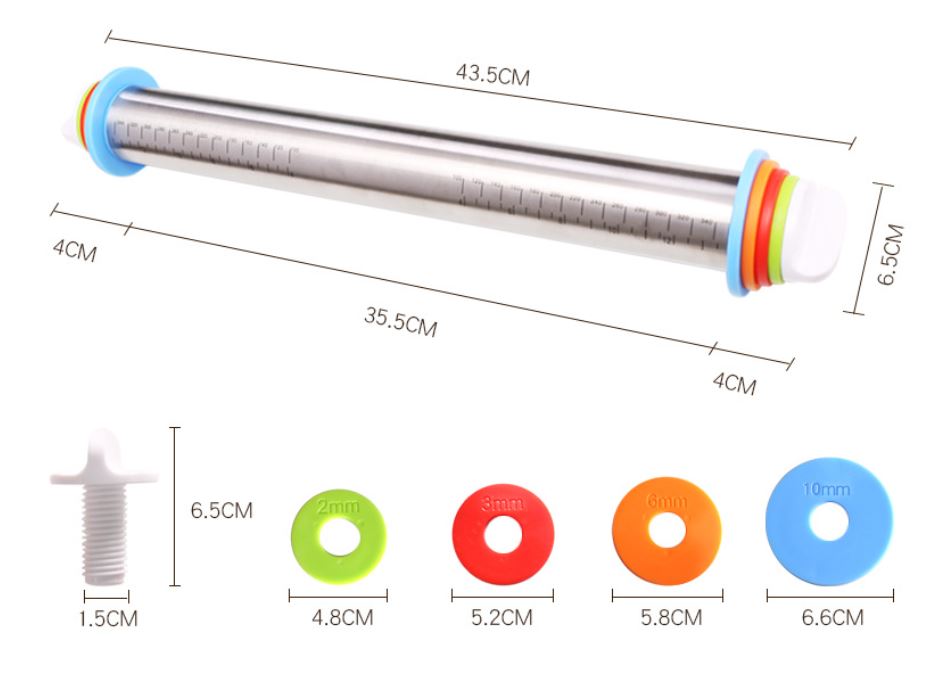 Adjustable Stainless Steel Rolling Pin + 40 x 60 CM Red Non-Stick Silicone Pastry Mat with 4 Precise Thickness Rings & Clear Measurement Markings