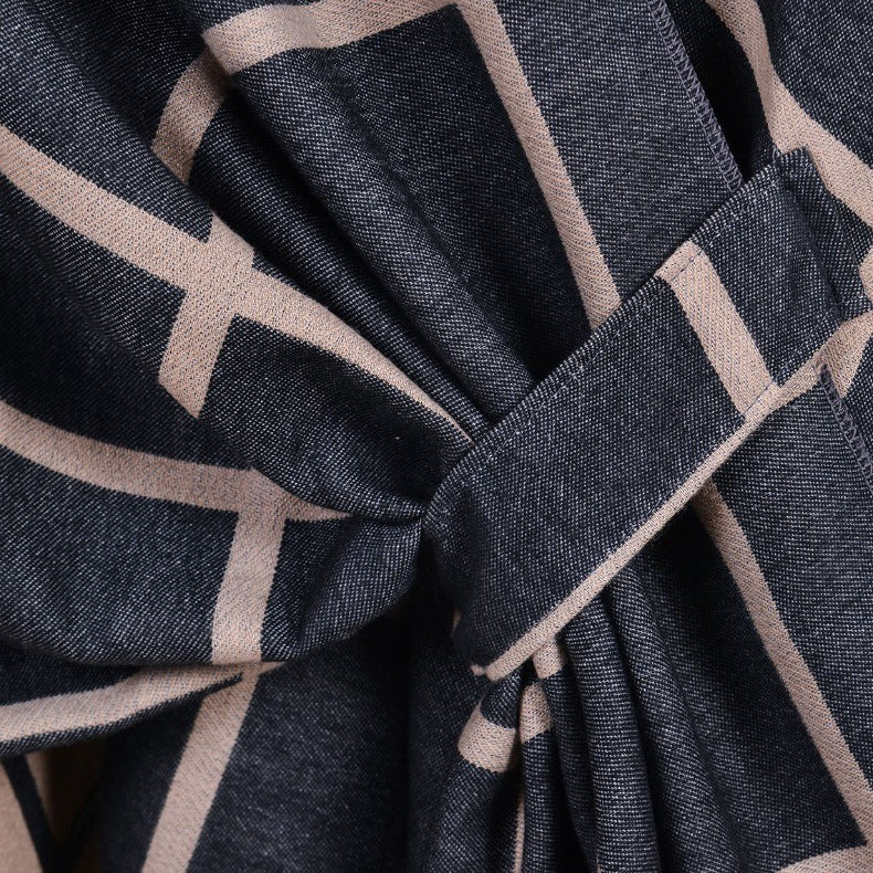 Black and Grey Elegant Check Knit Travel Shawl with Stylish Side-Slit Design - Fall & Winter Luxurious Cashmere-Feel Pullover Cape (135 x 155 CM)