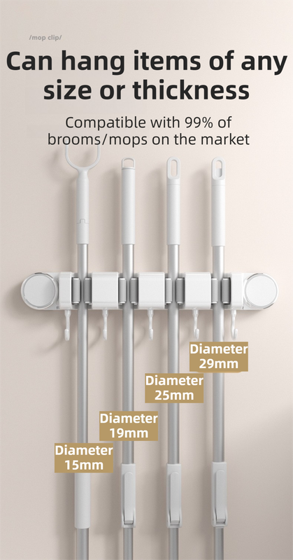 Grey Vacuum Suction Cup Mop & Broom Holder with 3 Roller Clips + 4 Hooks - Heavy Duty Waterproof Rack for Bathroom & Kitchen