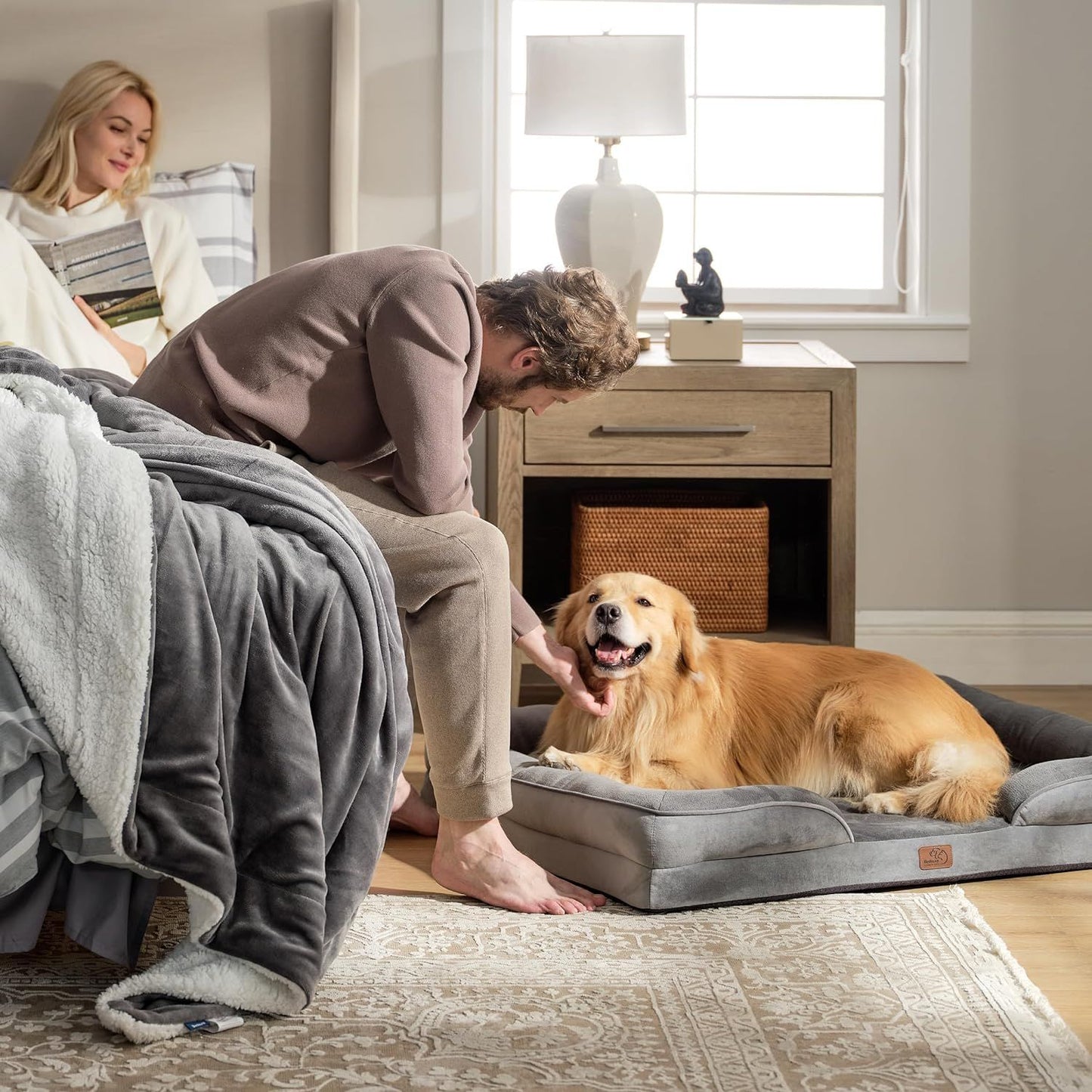 Beige Waterproof Egg-Crate Foam Therapeutic Pet Sofa Bed and Fleece Lounge (XL Size 110 x 82 x 17 CM) - Low Entry, High Bolster Support & Zipper Removable Cover