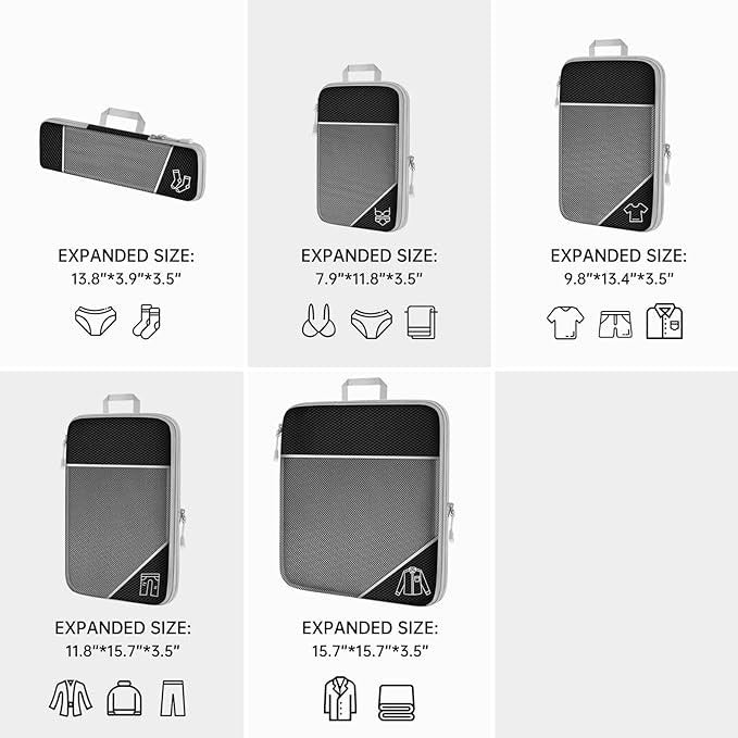 Black Waterproof Travel Compression Packing Cube Set of 5 Sizes with Carry Handles - 50% Space Saving Breathable Nylon Luggage Organizer
