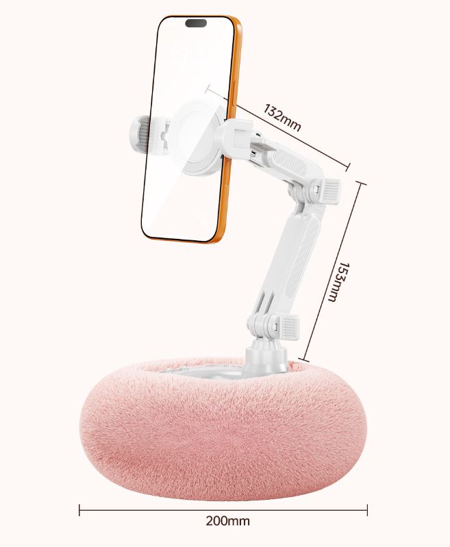 2-in-1 White Soft Plush Pillow Base & Phone Holder - 3-Axis 180° Rotation, Height Adjustable and Telescopic Clamp Stand, Relieve Arm Fatigue and Neck Strain