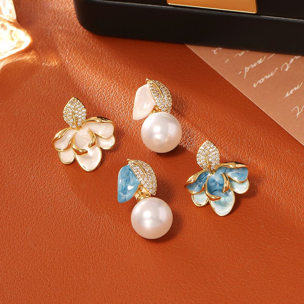 Luxury Porcelain Blue Gold Enamel Flower Pearl Earrings with Sparkling Zirconia - Vintage S925 Hypoallergenic Sterling Silver Needle