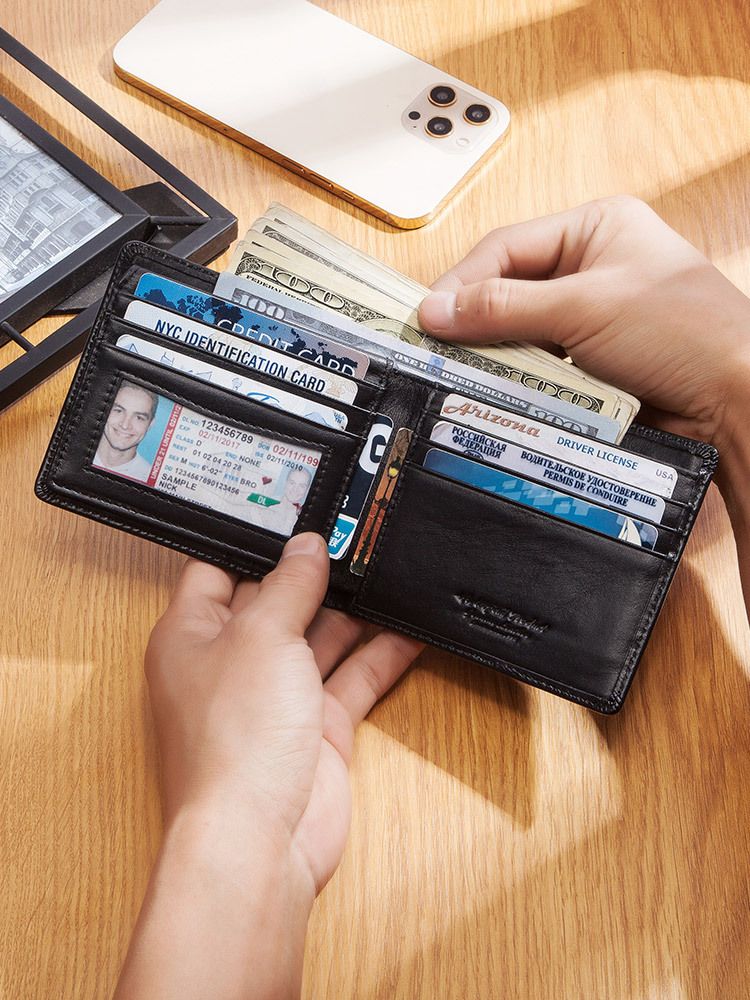 Coffee Handcrafted Genuine First-Layer Cowhide Wallet & Card Case for Men - Multi-Slot Ultra-Slim Bifold, Integrated AirTag Holder & RFID Blocking