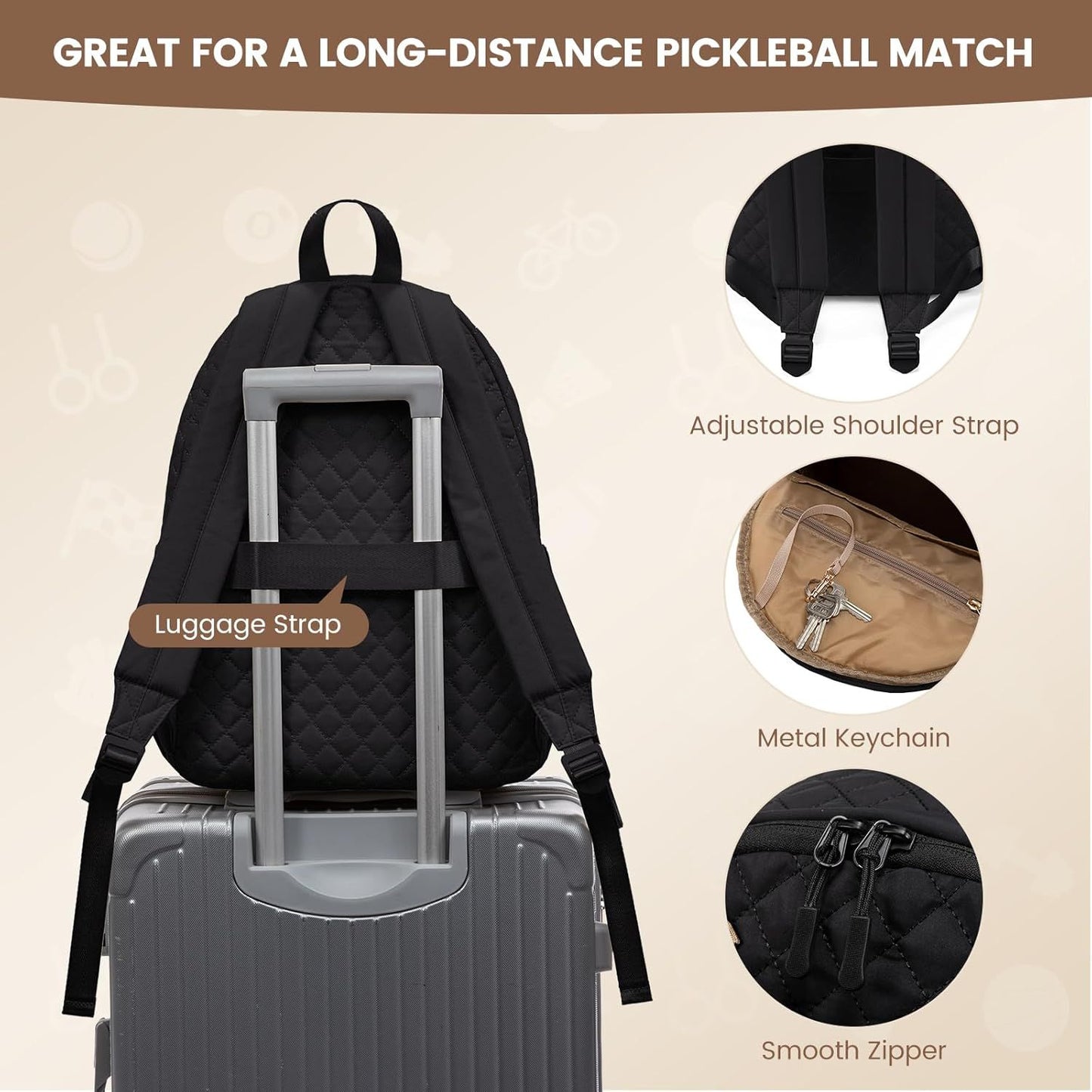 Grey Large Tennis & Pickleball Quilted Backpack and Sports Travel Tote for Men and Women - Racket Compartment, 2 Side Pockets & Multi-Pocket Organization (32x17x44.5 CM)