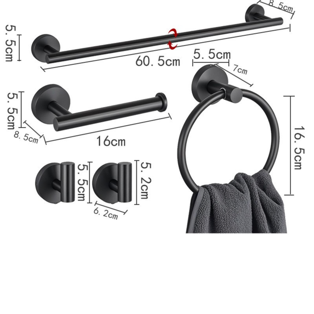 5PCS Matt Silver Stainless Steel Bathroom Organizer Set - Wall-Mounted Rotatable Towel Bar, Toilet Paper Holder, Towel Ring & Versatile T-shaped Hooks