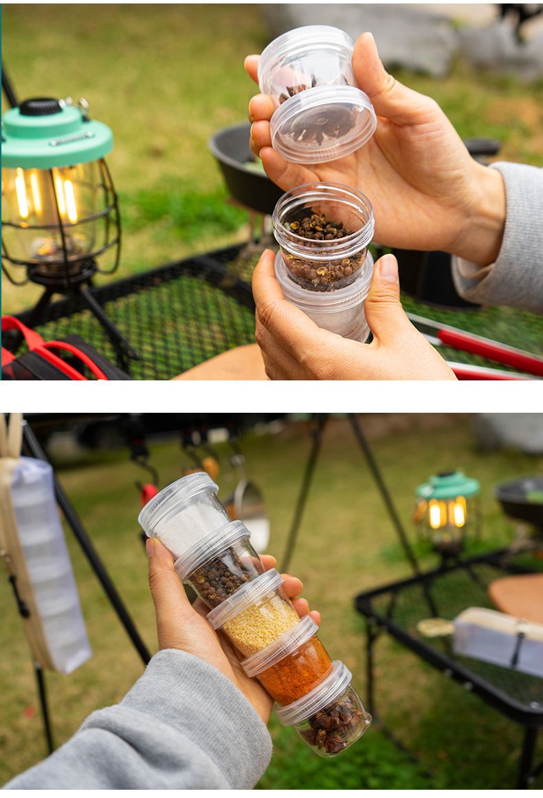 5-Piece Lightweight Stackable Outdoor Spice Jar Set for BBQ Picnic & Travel - Portable Camping Seasoning Kit with White Mesh Storage Bag