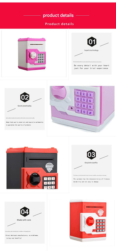 White and Pink Children's Electronic Password Piggy Bank — An ATM-style automatic money-rolling safe featuring a digital keypad lock, 4-digit password security, and a coin slot. Powered by three AA batteries (not included), this educational and developmen