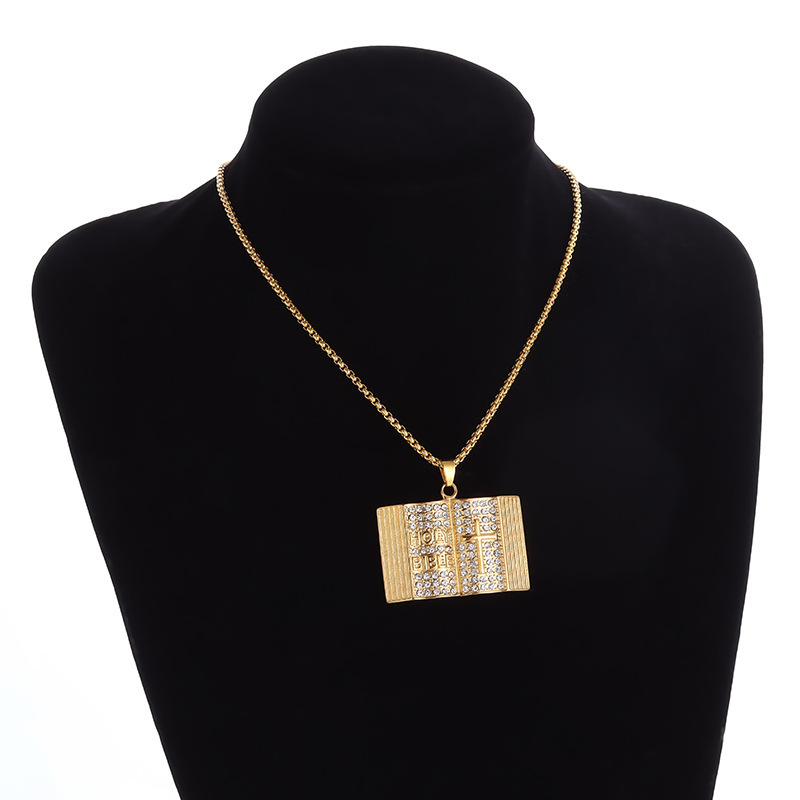 Aureate Vintage Holy Bible Book Pendant Necklace - Plated Alloy Cross Scripture Book Pendant with Crystal Rhinestones-Gift for Men and Women
