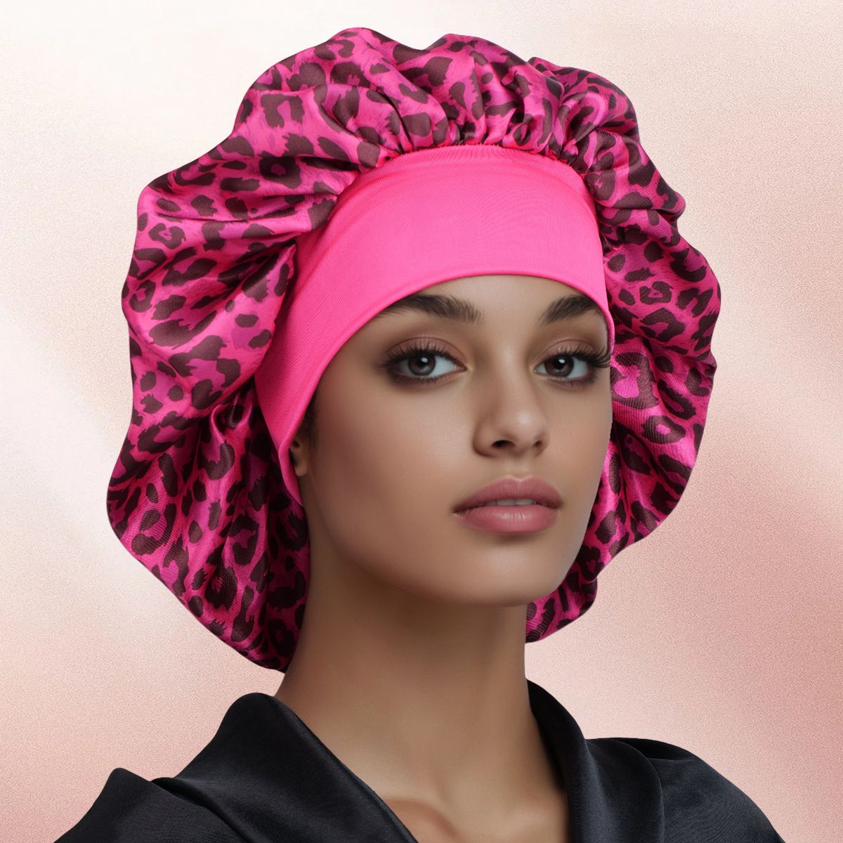 Aries-Rose Red Leopard Print Satin Sleep Bonnet - Large Size Hair Protection Cap with Elastic Band, Soft Lined for Curly Hair, Night Wear and Spa Use