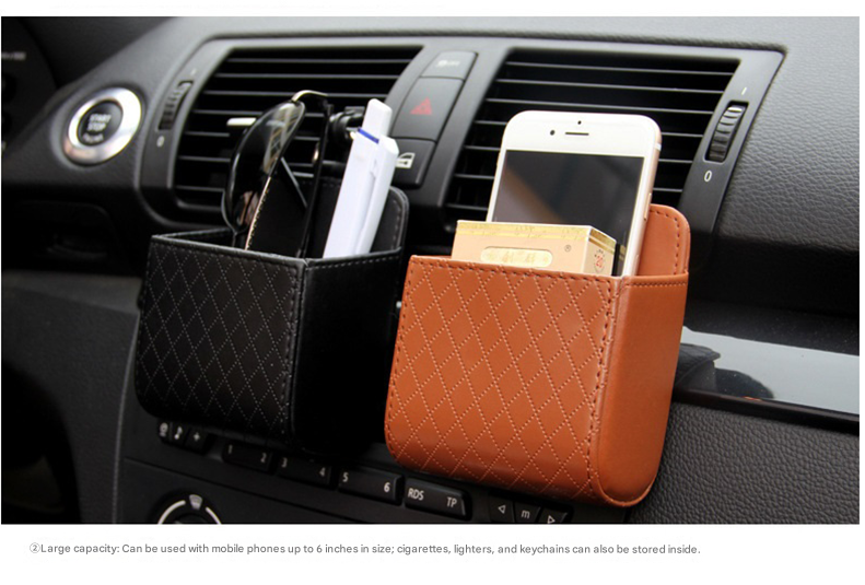 Grey Leather Car Air Vent Storage Bag - Multi-Purpose Phone Holder & Organiser Pouch for Sunglasses, Keys, Cards - Universal Fit, Easy Install, Compact Design for Dashboard Tidy