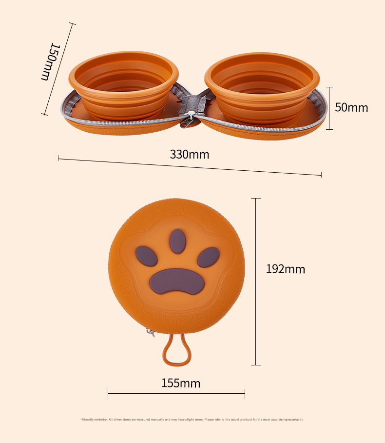 Brown and Yellow Portable Collapsible Silicone Pet Bowl - Food Grade Silicone - Dual Bowl Design, Adjustable Height, Lightweight & Compact, Bear Paw Pattern, for Dogs & Cats, Travel Friendly, Easy Clean