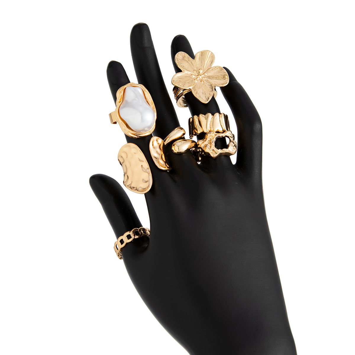 3 Colors Set of 7-Piece Liquid Lava Flower Stacking Open Rings with Imitation Pearls & Geometric Dripping Oil - Hollow Joint Knuckle Ring for Women, Gold + White + Orange