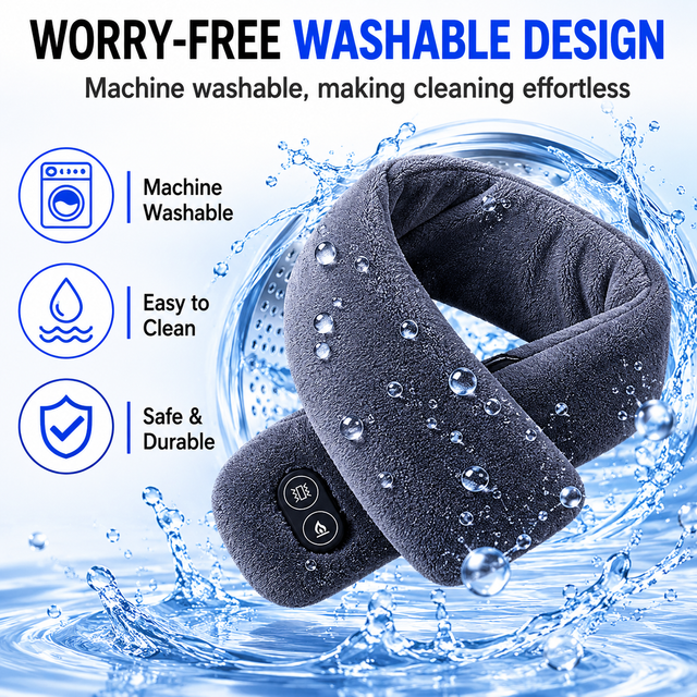 Grey Plush USB Heated Massage Neck Scarf with 3 Temp & 3 Vibration Massage Modes - Washable Winter Neck Warmer, Built-in Power Bank Zippered Storage Bag for Men and Women