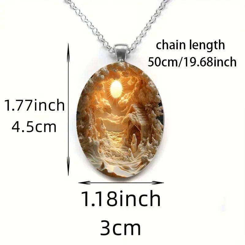 3D Nativity Scene Silver Pendant Necklace & Keyring Set with Gift Box – Christmas Glass Cabochon & Alloy Jewellery Combo for Men and Women