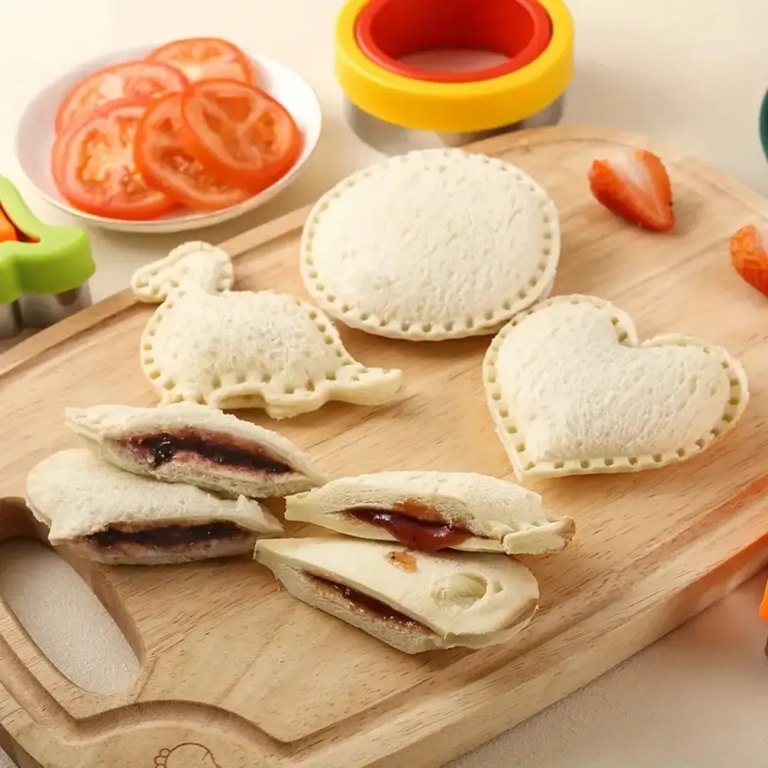 6 Piece Sandwich Cutter and Sealer Set (Heart Square Round Dinosaur Bear Shapes) - Food Grade Stainless Steel Press Moulds, Nonslip Handguard & Easy to Clean for Lunchboxes Toast Cookies DIY Baking