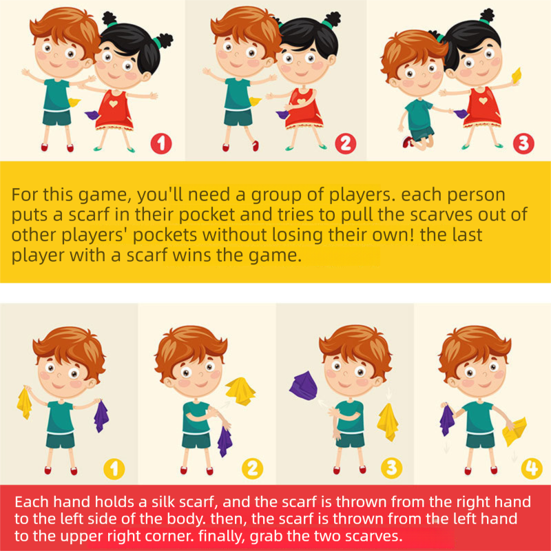6-piece 60*60 cm(Red and Orange and Yellow and Green and Blue and Purple) Kids Magic Scarf Set - Colourful Chiffon Dance Scarves for Performance Play, Lightweight Rainbow Juggling Scarves, Creative Movement and Party Game Props