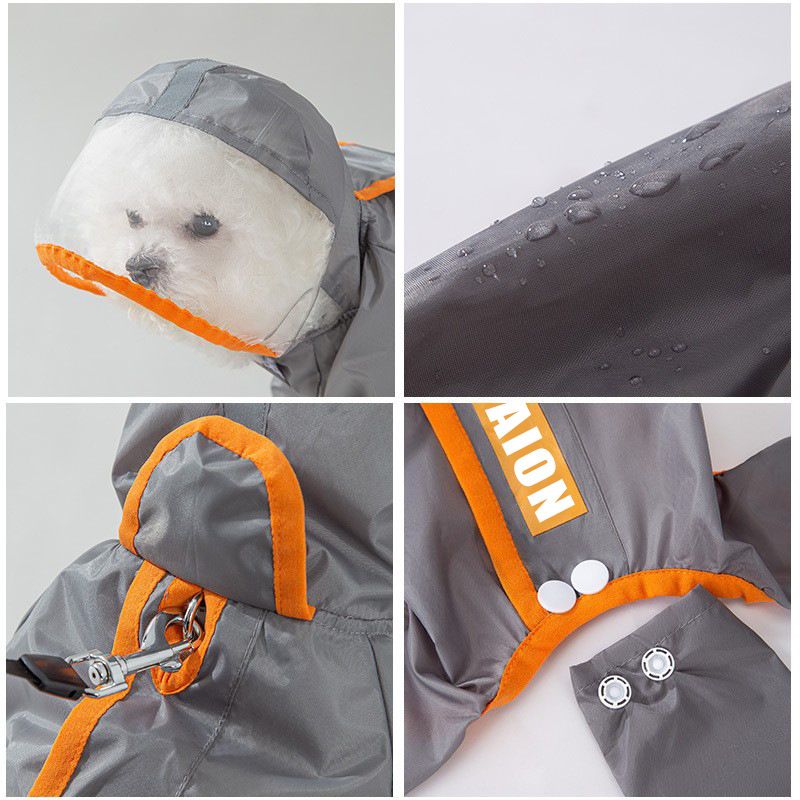 Grey and Green L size Dog Raincoat with Leash Access and Transparent Hood - Waterproof Full Body Pet Rain Suit for Small and Medium Dogs, Reflective Trim, Removable Tail Cover, Outdoor Walking Apparel
