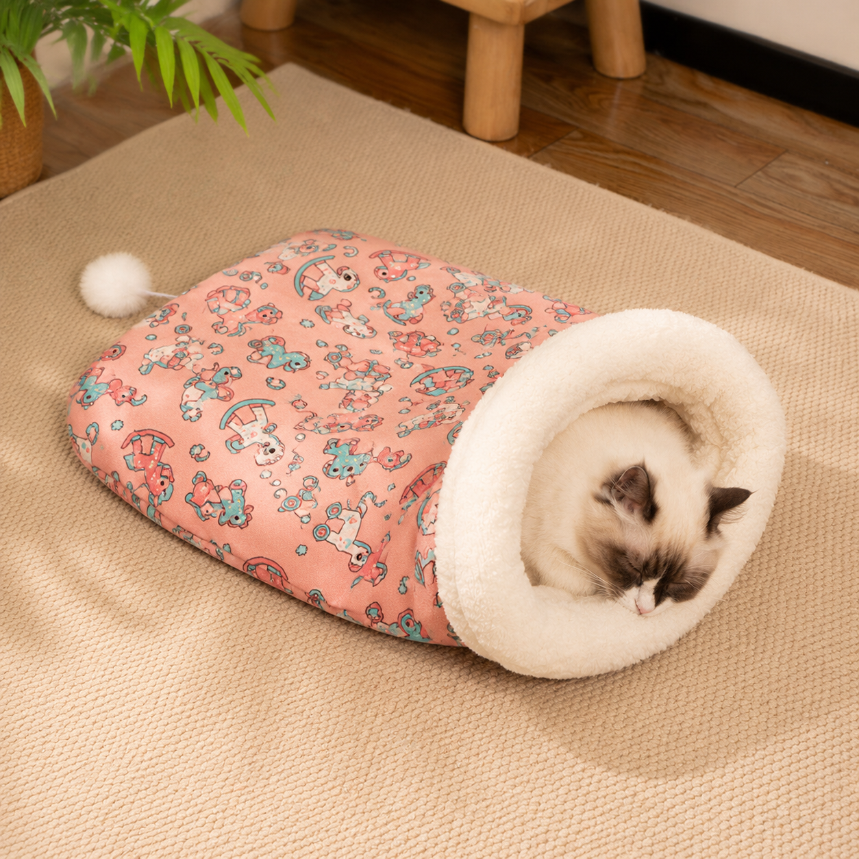 Cat Sleeping Bag Bed - Pink Cotton Plush 40 x 50 cm - Warm Burrowing Cave Mat, Lightweight Cosy Hideaway for Cats and Small Dogs