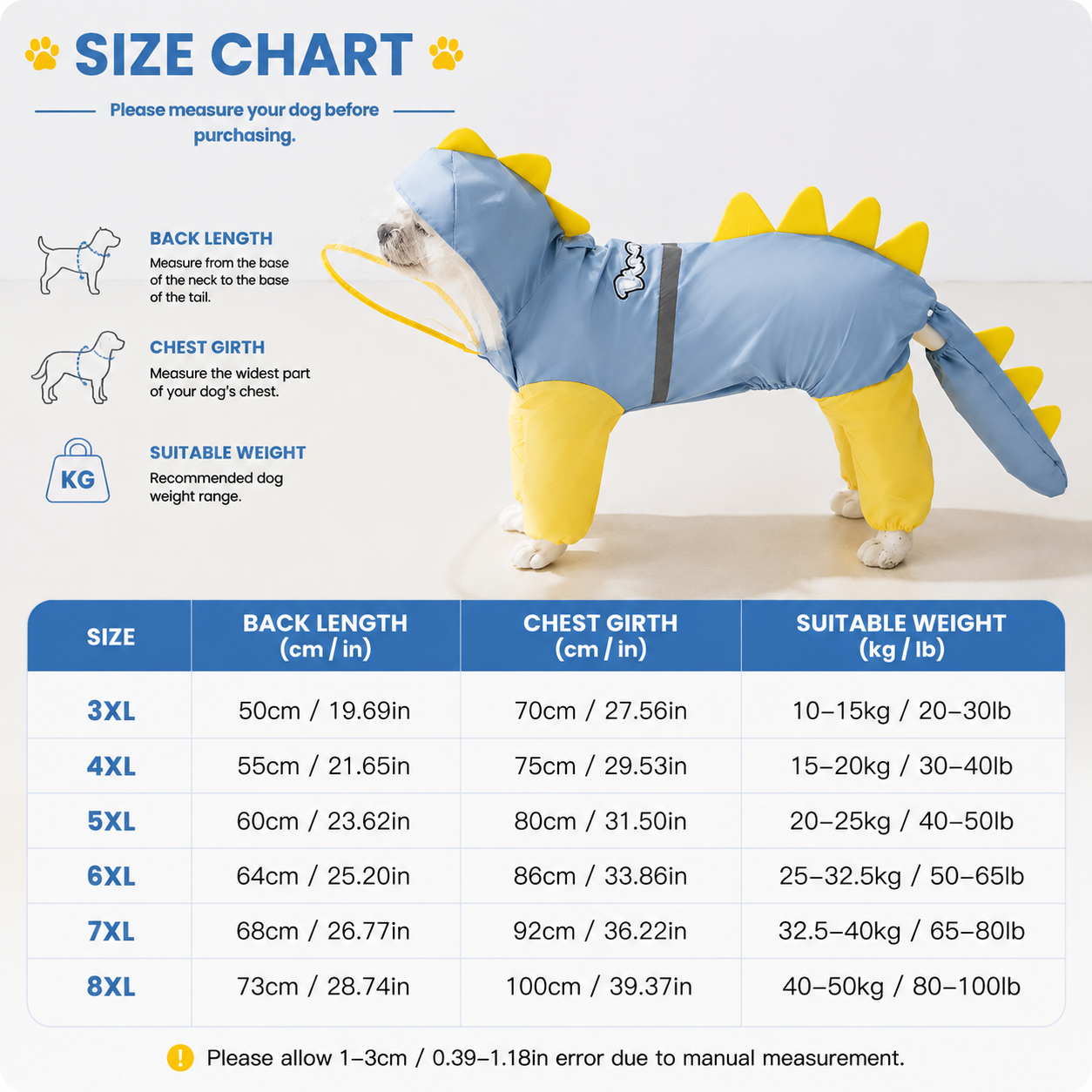 Blue Dog Raincoat Dinosaur Hooded Waterproof Jacket 3XL Size with Leash Hole Removable Tail Cover Full Body Coverage Pet Rain Coat for Outdoor Walking Large Dogs