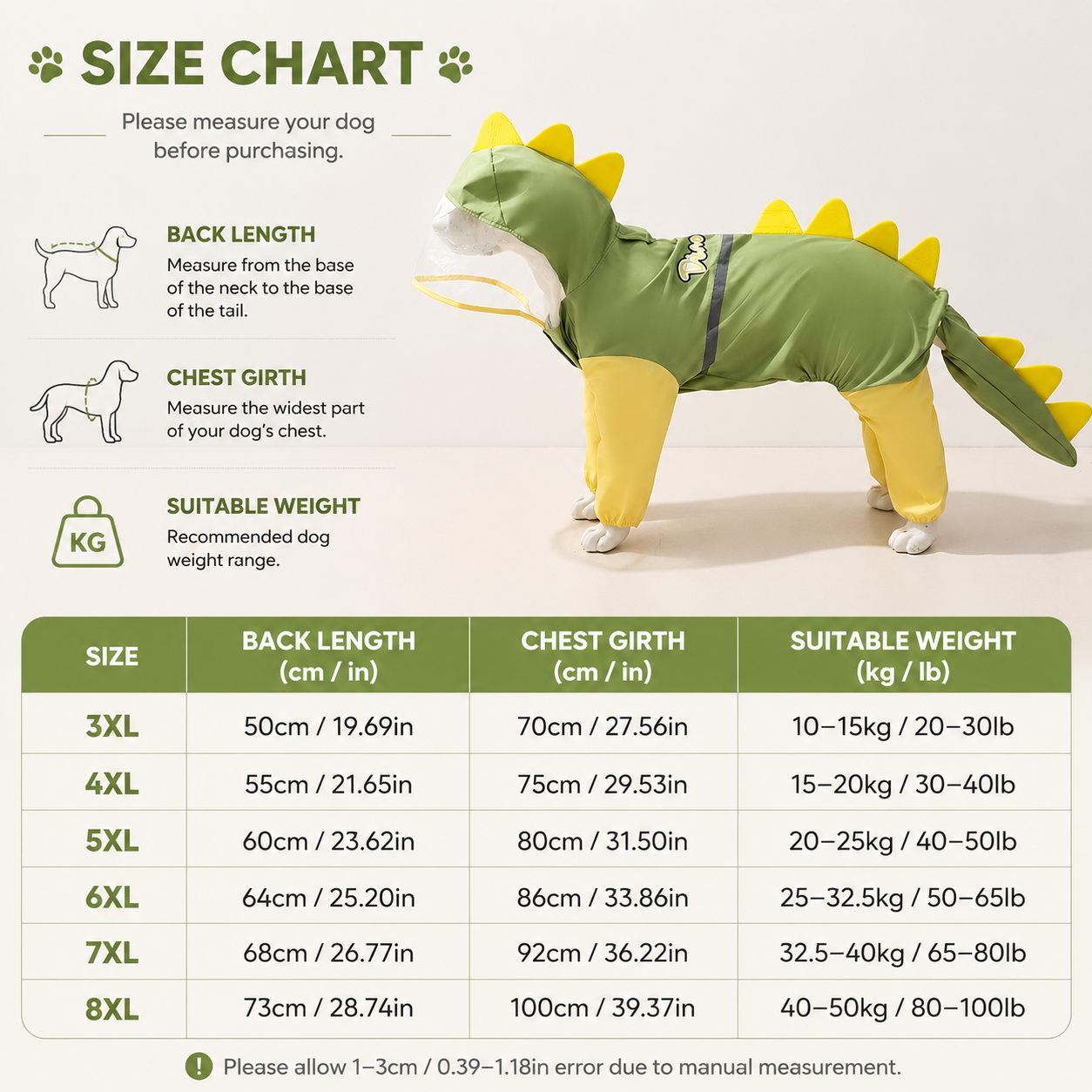 Green Dog Raincoat Dinosaur Hooded Waterproof Jacket 7XL Size with Leash Hole Removable Tail Cover Full Body Coverage Pet Rain Coat for Outdoor Walking Large Dogs
