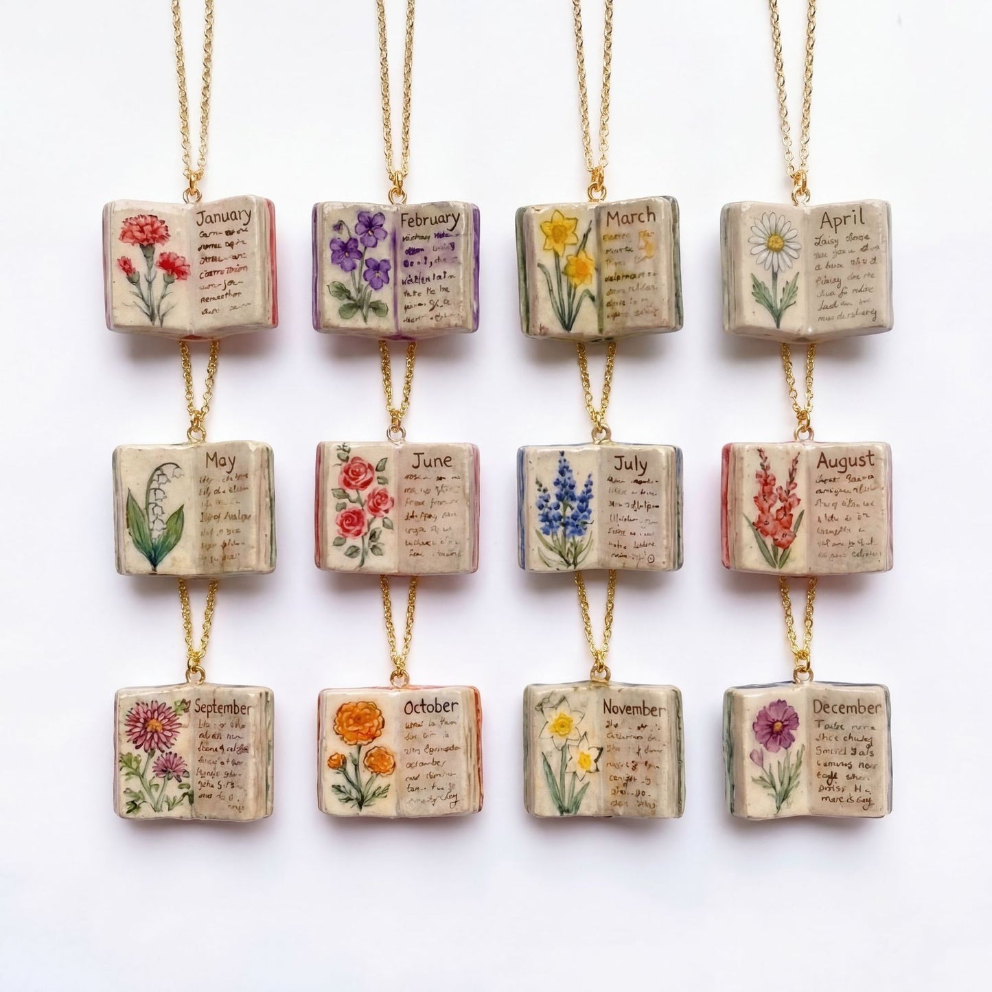 Vintage-style book necklace with June birthday flowers, a luxurious gold-plated bronze exquisite floral pendant gift