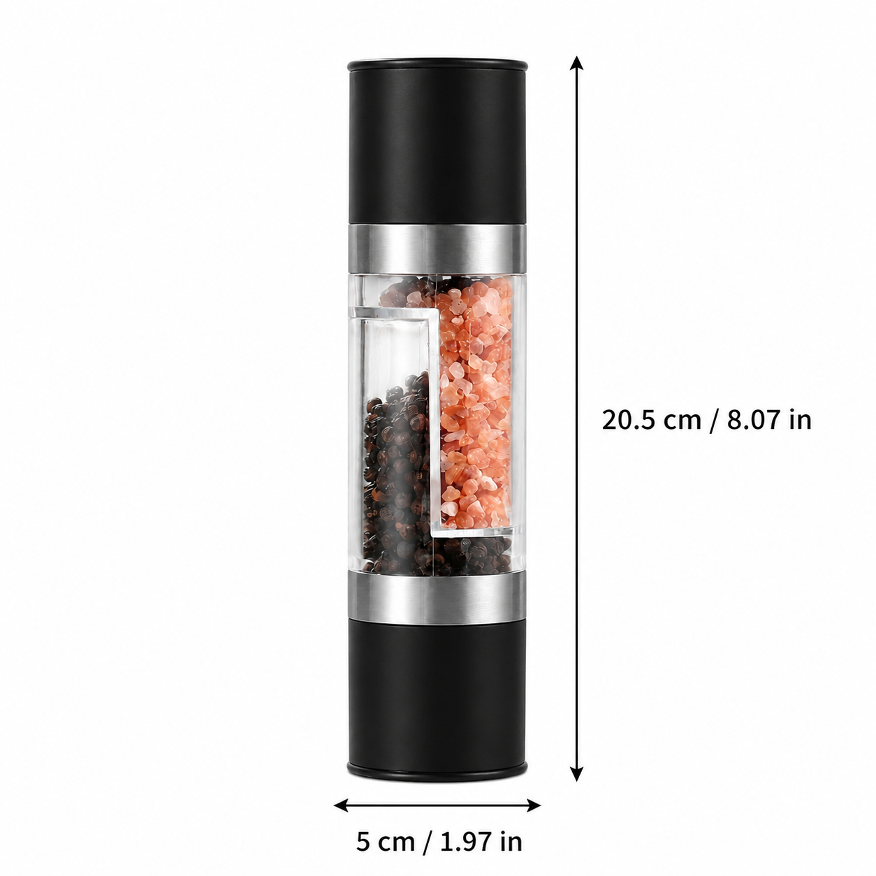 Dual Head Manual Pepper Grinder Black Spice Mill with Adjustable Coarseness 20.5cm Kitchen Seasoning Tool