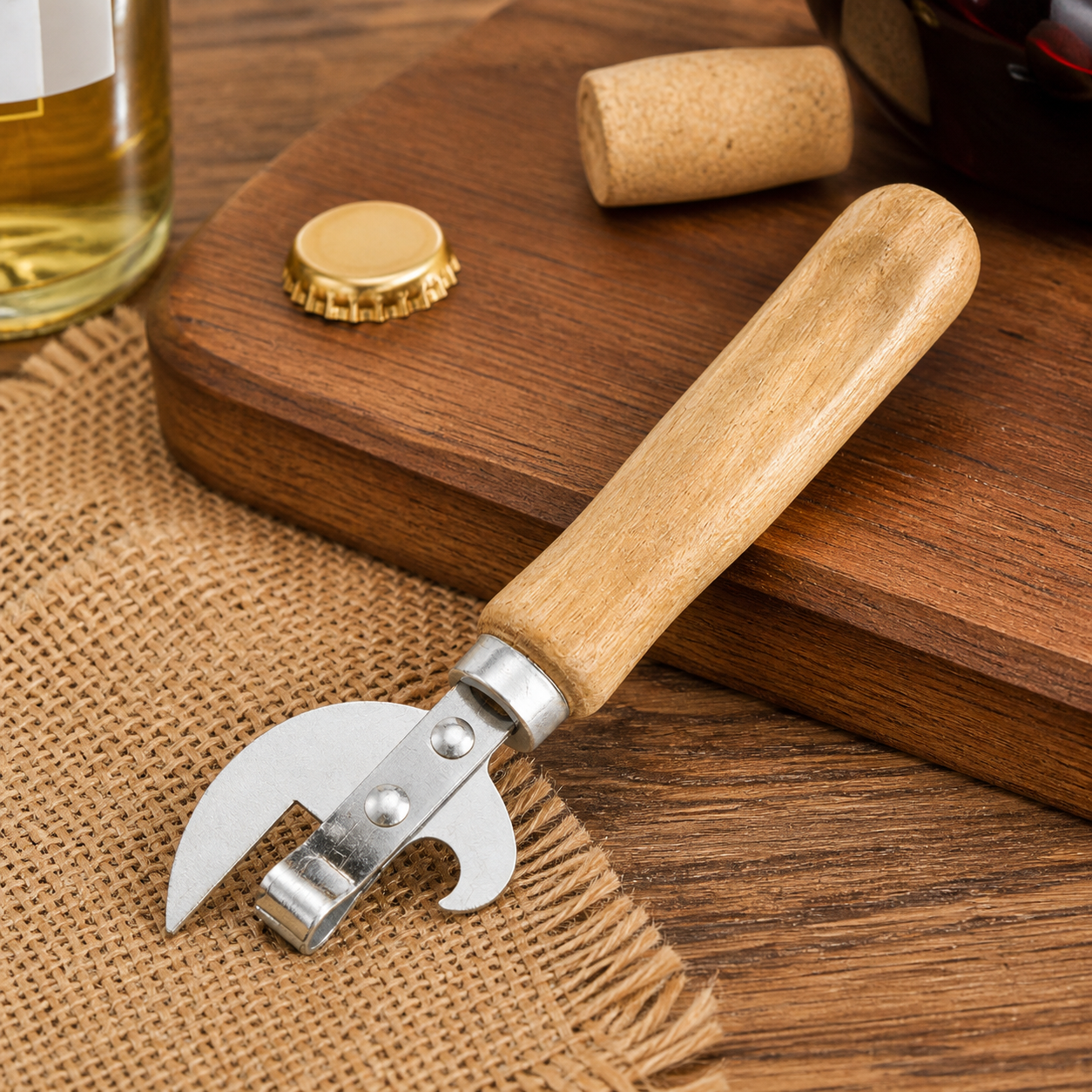 3 in 1 Stainless Steel Bottle Opener with Wood Handle (3 Pack) - Wine Corkscrew, Beer Cap and Can Opener, Compact Bar Tool for Kitchen Picnics and Hospitality