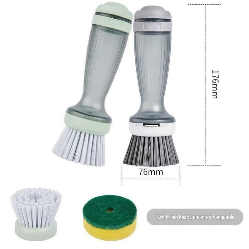 Green Liquid Dispensing Kitchen Brush - 120ml Handle Reservoir, Replaceable Bristle and Sponge Heads, Ergonomic Long Handle for Pots Pans and Countertops