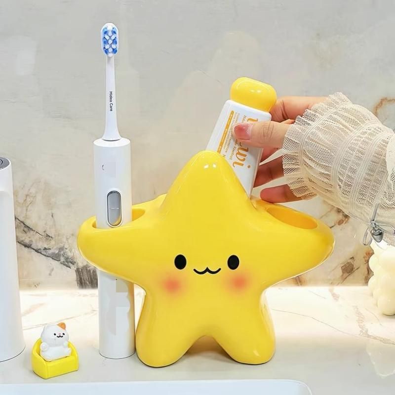 2 pcs Cute Star Shaped Electric Toothbrush Holder - Yellow Plastic Bathroom Organizer - Multi Slot Storage for Manual and Electric Brushes, Space Saving Vanity Tidy, Fun Decor Gift