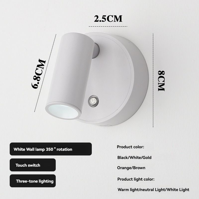 Rotating Wall Lamp Touch Switch Wall Lamp Three-Tone Lighting Wall Lamp Modern - Black - Size 01