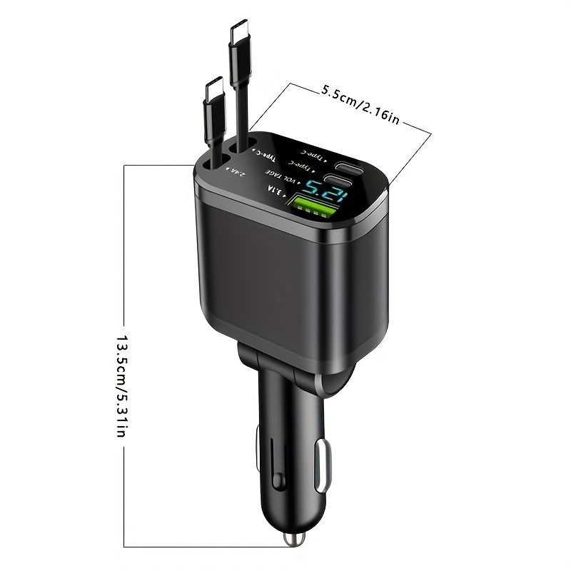 120W Car Charger Fast Charging Retractable Cables 2 Data Cables Universal Plug - Black - Size IP