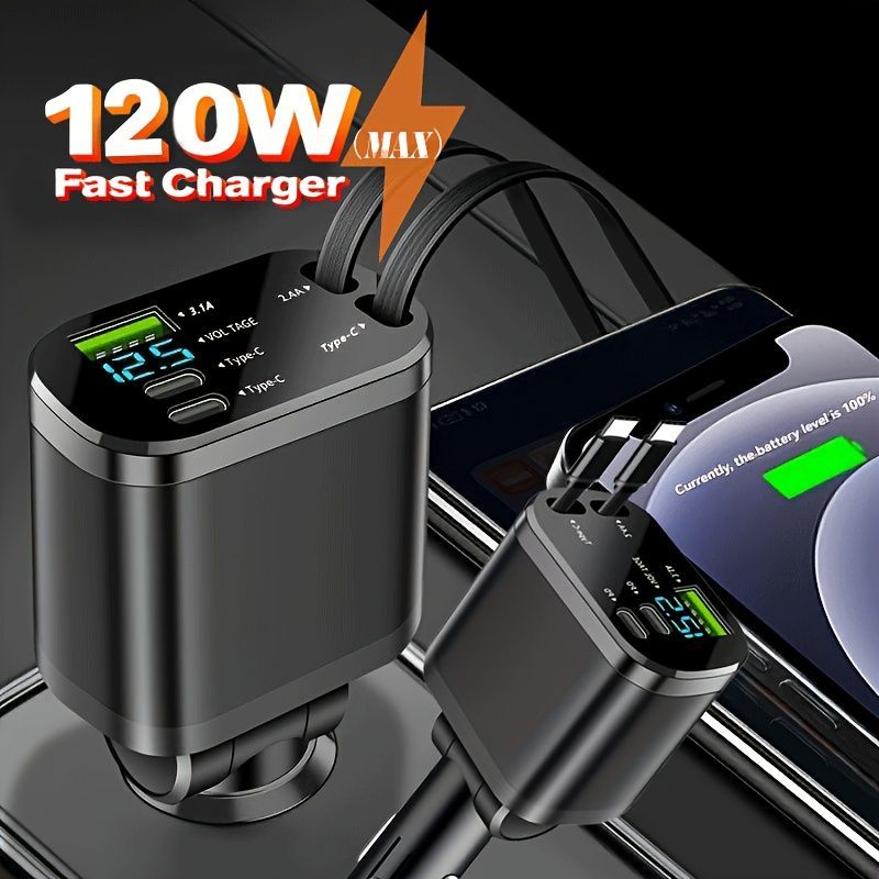 120W Car Charger Fast Charging Retractable Cables 2 Data Cables Universal Plug - Black - Size IP