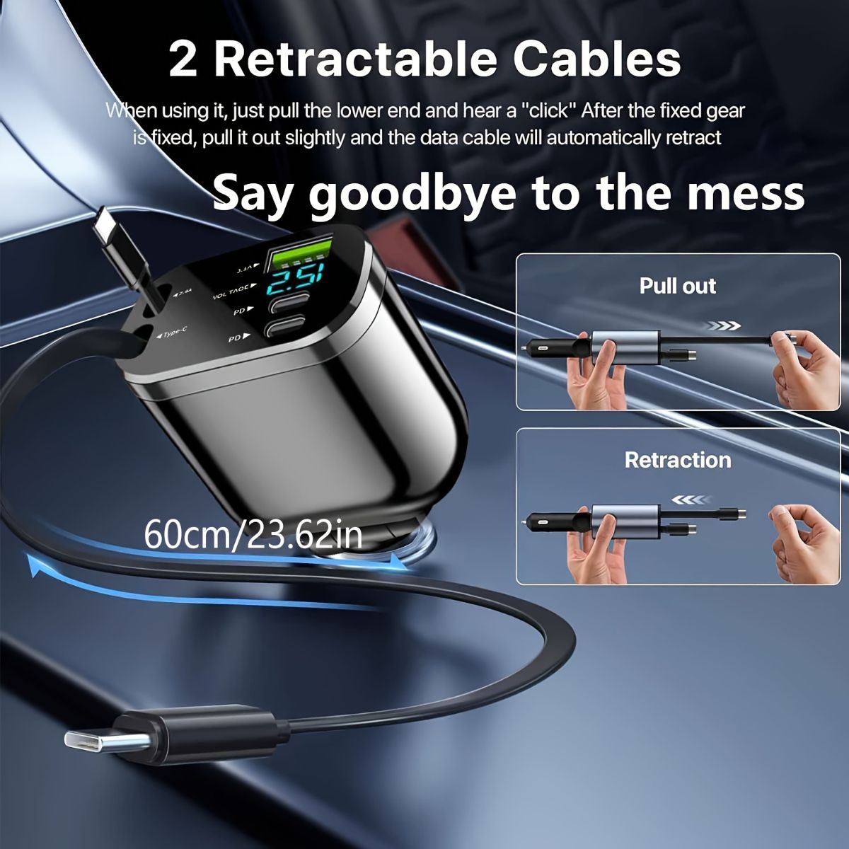 120W Car Charger Fast Charging Retractable Cables 2 Data Cables Universal Plug - Black - Size IP