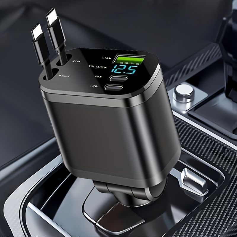 120W Car Charger Fast Charging Retractable Cables 2 Data Cables Universal Plug - Black - Size IP