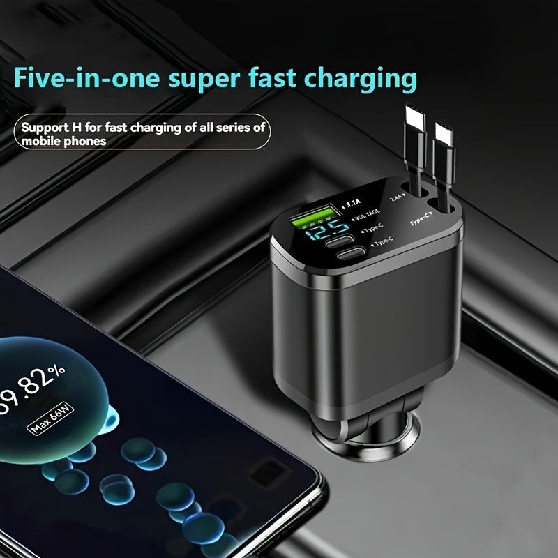 120W Car Charger Fast Charging Retractable Cables 2 Data Cables Universal Plug - Black - Size IP