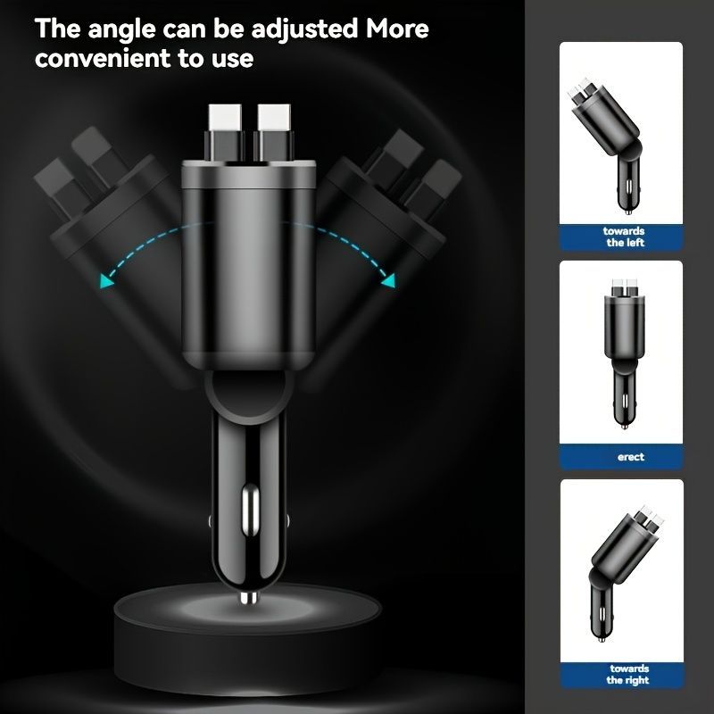 120W Car Charger Fast Charging Retractable Cables 2 Data Cables Universal Plug - Black - Size IP