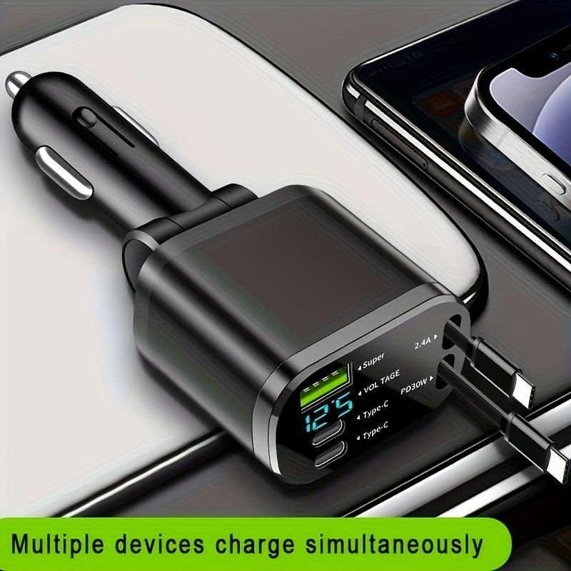 120W Car Charger Fast Charging Retractable Cables 2 Data Cables Universal Plug - Black - Size TC
