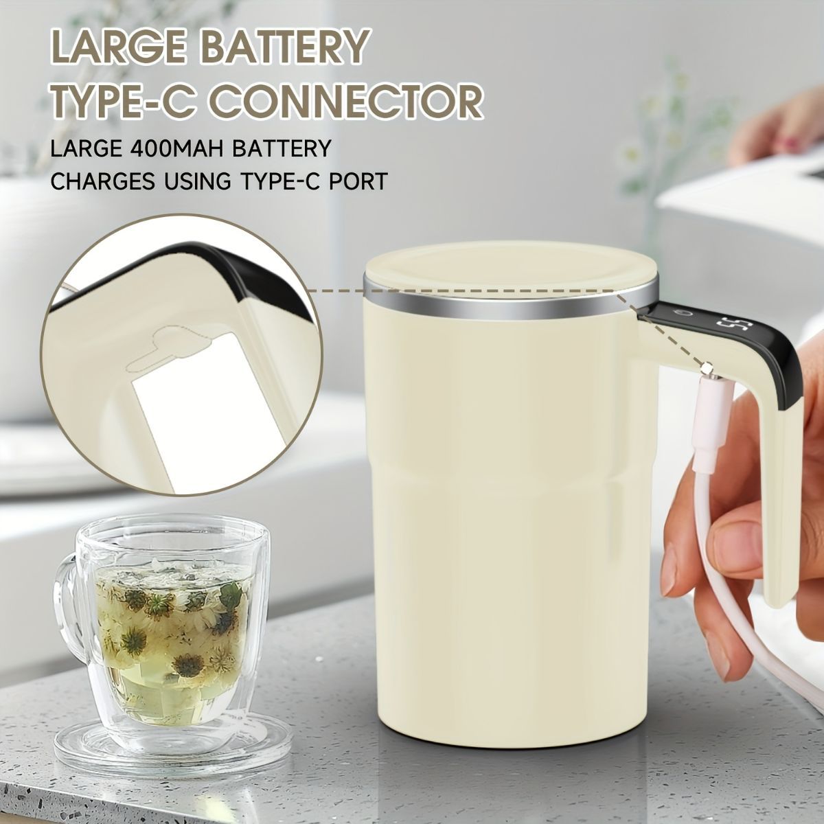 Self-Stirring Coffee Mug Automatic Stir Mug LED Temperature Mug Rechargeable - White - Size 380ML