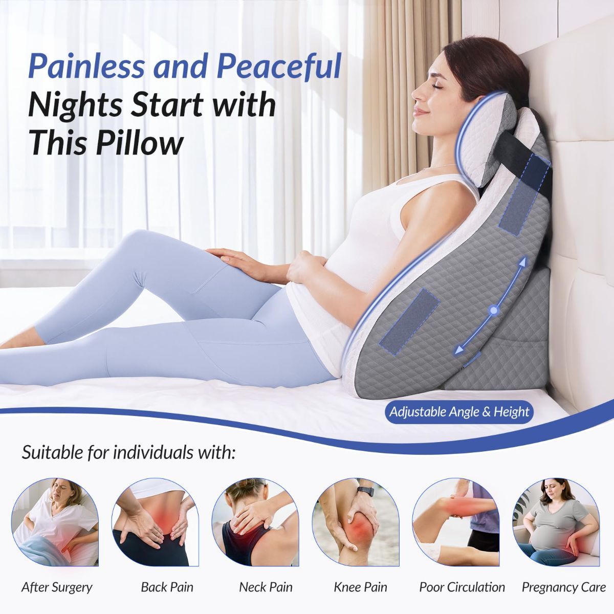 Adjustable Wedge Pillow Headboard Set for Sleeping & After Surgery, Ergonomic Reading Pillow for Sitting in Bed, Bed Wedge with Premium Memory Foam for Back Pain Relief & Support, Leg Elevation