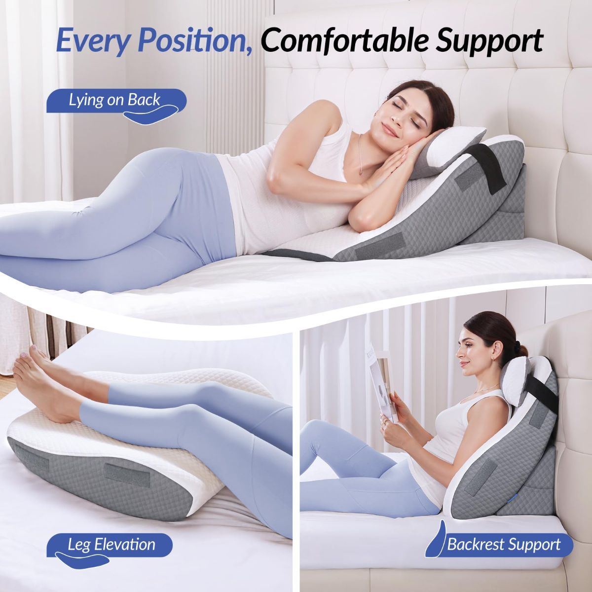 Adjustable Wedge Pillow Headboard Set for Sleeping & After Surgery, Ergonomic Reading Pillow for Sitting in Bed, Bed Wedge with Premium Memory Foam for Back Pain Relief & Support, Leg Elevation