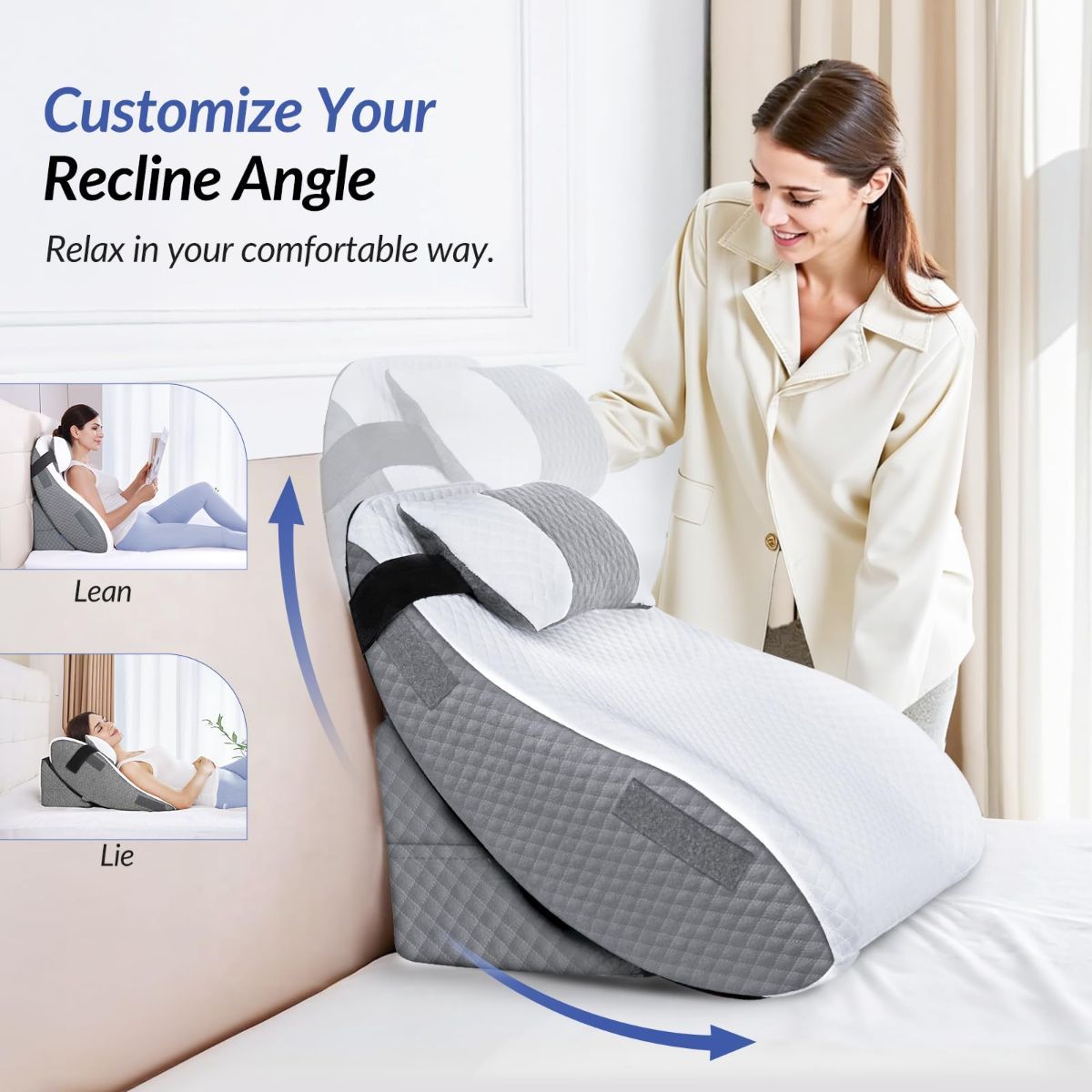 Adjustable Wedge Pillow Headboard Set for Sleeping & After Surgery, Ergonomic Reading Pillow for Sitting in Bed, Bed Wedge with Premium Memory Foam for Back Pain Relief & Support, Leg Elevation