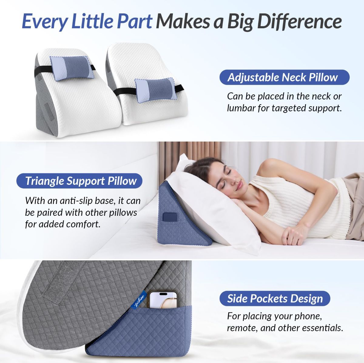 Adjustable Wedge Pillow Headboard Set for Sleeping & After Surgery, Ergonomic Reading Pillow for Sitting in Bed, Bed Wedge with Premium Memory Foam for Back Pain Relief & Support, Leg Elevation
