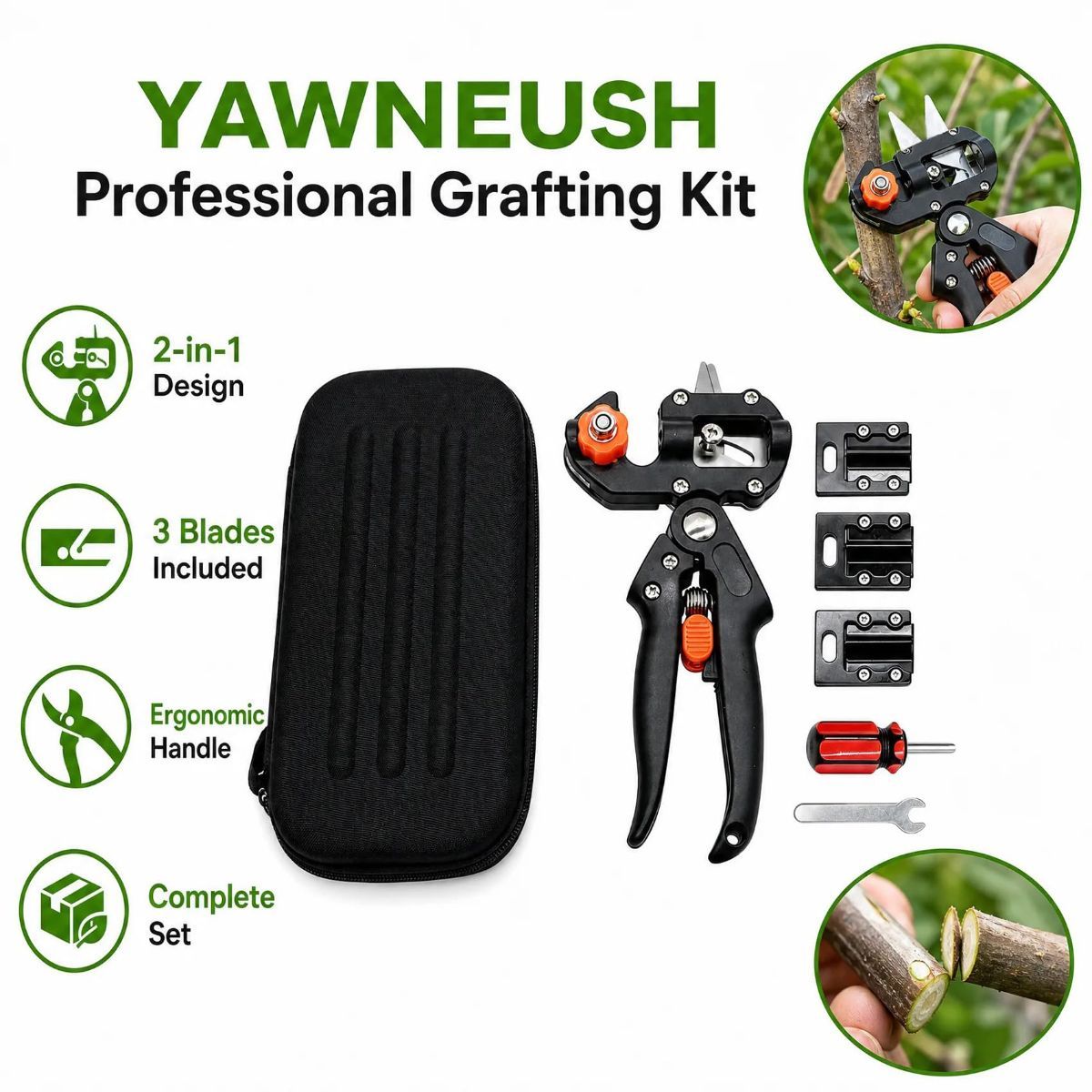 Garden Grafting Tool Kits, 2 in 1 Pruning Tools for Yard, 1PCS | Heavy-duty carbon steel & ABS, 3 replaceable Omega/U/V blades, screwdriver & wrench, for rose, vine, fruit tree trimming