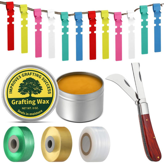 Grafting Tool Kit with Grafting Wax, Knife, Tape for Fruit Trees | Complete Grafting Set, 8 oz Wax, 2-5/8" Curved/straight Knife, 3 Tapes, 12 Labels, for Floral Budding, Garden Maintenance