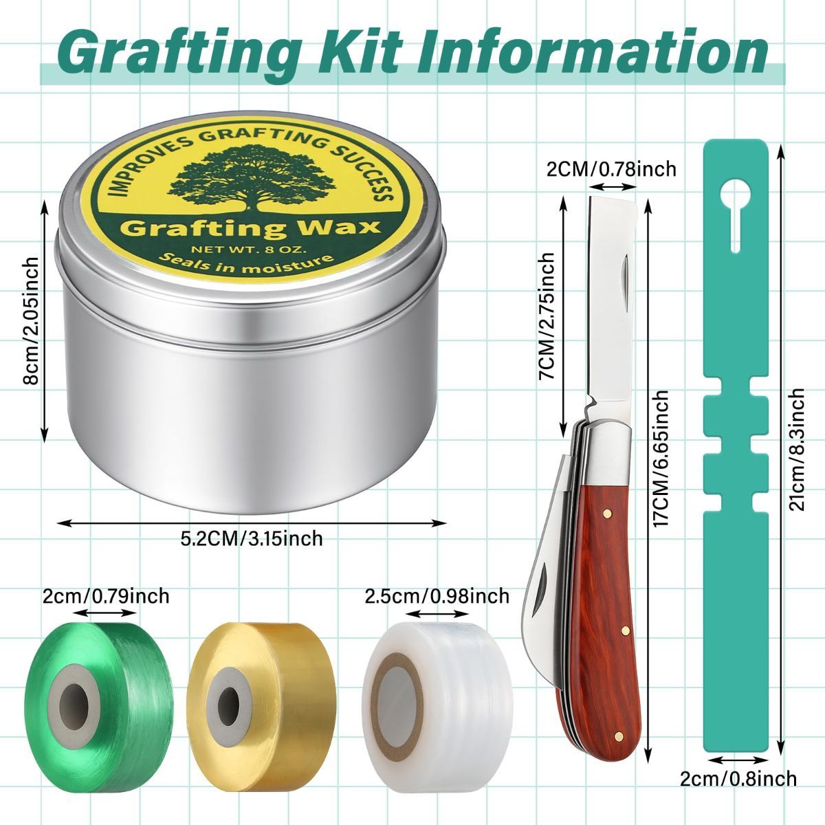 Grafting Tool Kit with Grafting Wax, Knife, Tape for Fruit Trees | Complete Grafting Set, 8 oz Wax, 2-5/8" Curved/straight Knife, 3 Tapes, 12 Labels, for Floral Budding, Garden Maintenance