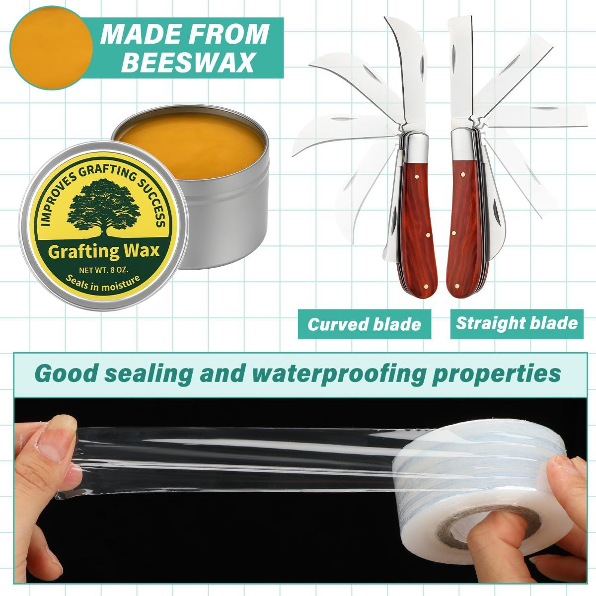 Grafting Tool Kit with Grafting Wax, Knife, Tape for Fruit Trees | Complete Grafting Set, 8 oz Wax, 2-5/8" Curved/straight Knife, 3 Tapes, 12 Labels, for Floral Budding, Garden Maintenance